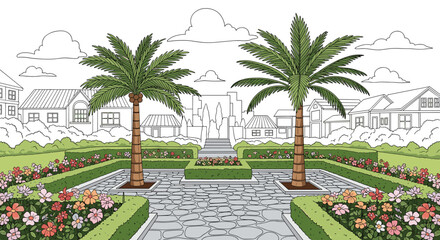Fototapeta premium Beautifully landscaped garden with two central palm trees, paved stone paths, and neatly trimmed hedges filled with colorful flowers.