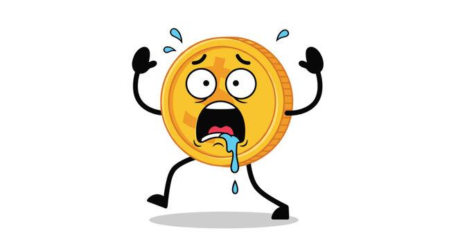 Humorous cartoon character of a golden coin looking sick and nauseous with sweat drops and blue liquid dripping from its mouth.