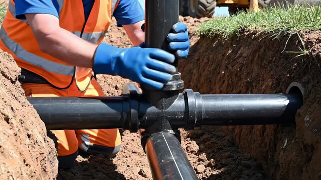 Worker in orange vest connects pipes in excavated trench