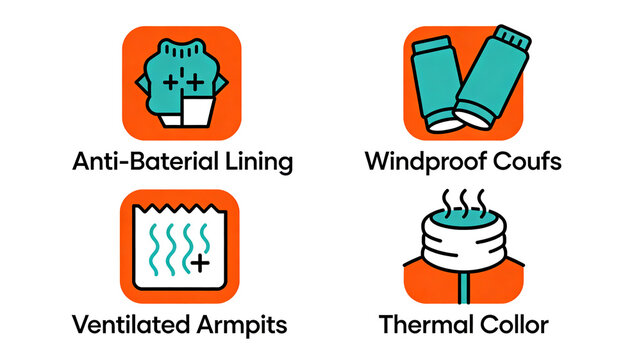 Antibacterial lining, windproof cuffs, breathable armpits, and warm collar icons represent the functional design of clothing details, suitable for outdoor clothing and sports equipment.
