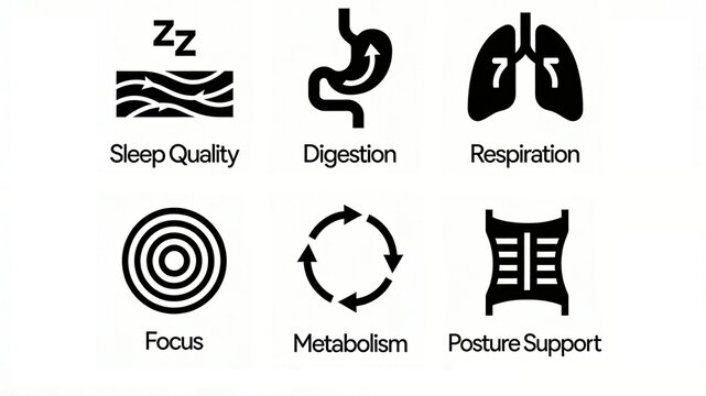 Sleep waves, stomach, lungs, bullseye, circulation arrows and spine icons, basic physiological regulation and body support, suitable for promoting healthy home and wellness products.
