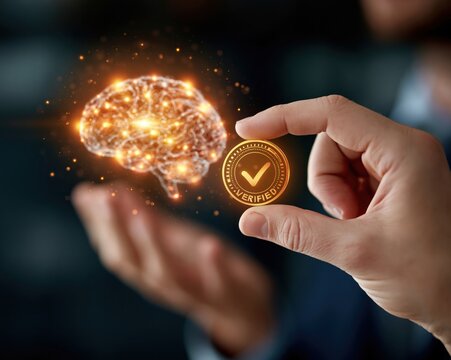 Businessman holding glowing verified checkmark icon next to digital holographic human brain representing trust certification intelligence validation and modern AI business approval system