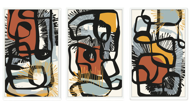 Abstract art triptych colorful painting black lines