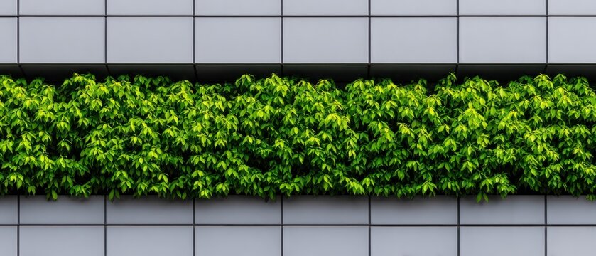 Green foliage wall garden integrated into modern building facade with grey square panel tiles representing urban sustainability green architecture and eco friendly city design concept