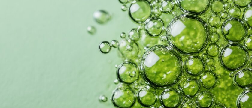 Macro close-up of green soap bubbles liquid texture with copy space on clean white background algae carbon capture organic biotechnology imagery