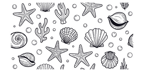 Marine life pattern with seashells starfish coral and bubbles in a clean line drawing style for seaside themes © Ishtiaq
