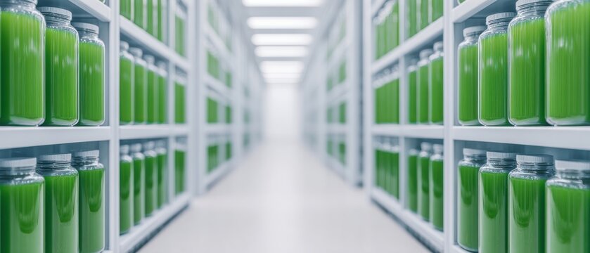 Rows of glass bottles filled with green liquid in laboratory storage facility for algae carbon capture research in sustainable bioindustrial environment