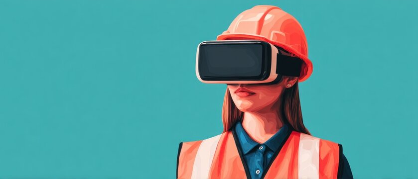Construction worker wearing virtual reality goggles and safety helmet on teal background representing augmented reality manual industrial training workflow