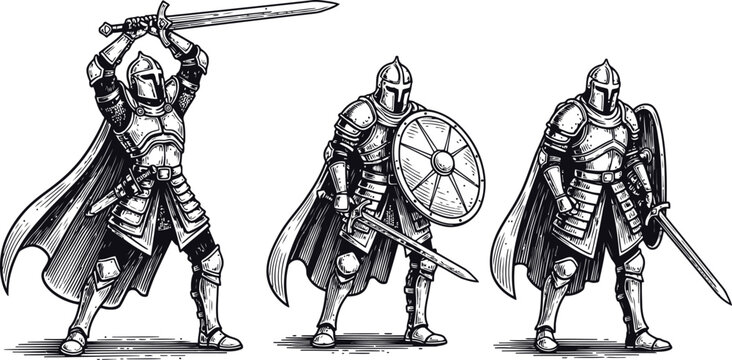 Medieval knights in armor with swords and shields in dynamic poses during battle on white background