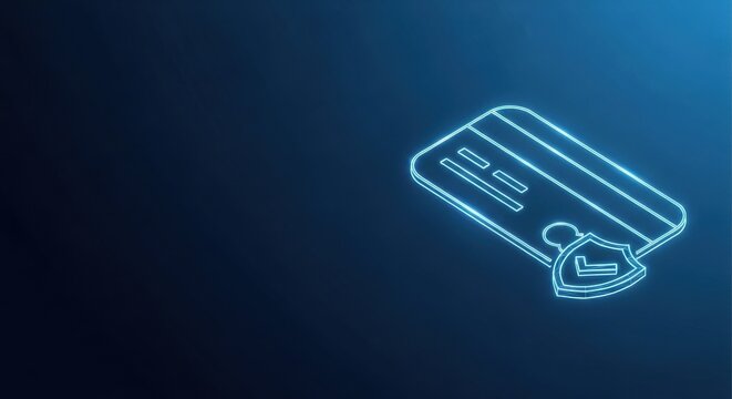 Glowing Neon Blue Credit Card Icon Illustrating Digital Payment Transactions and Financial Security.