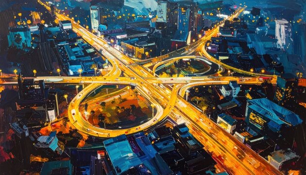 Nighttime city road intersection aerial.