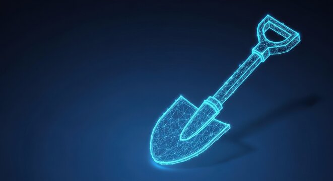 Futuristic blue wireframe shovel digital rendering against a dark backdrop representing innovation and construction technology