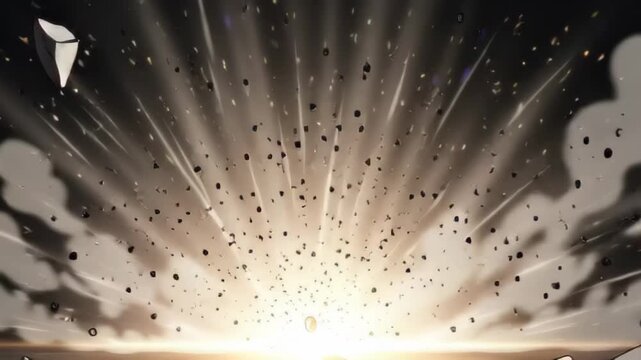 Explosive destruction with flying debris.