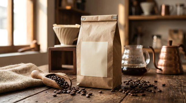 Artisanal coffee setup with roasted beans in a rustic paper bag, surrounded by traditional brewing tools on a warm wooden table