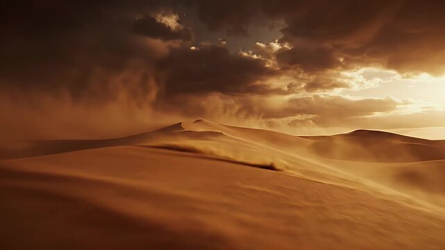 Swirling ochre dust storm obscuring a desert dune under a turbulent sky