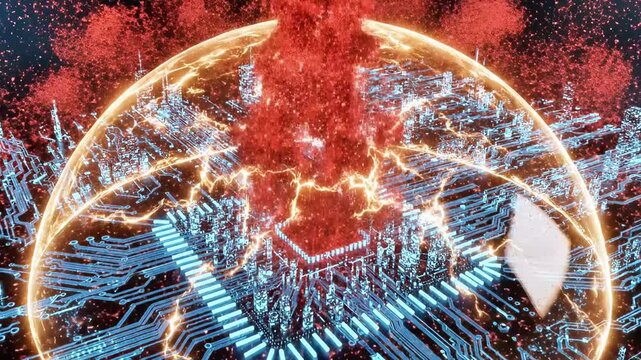 A vibrant, abstract depiction of a circuit board with glowing orange and blue lines exploding in a spherical shape against a dark background