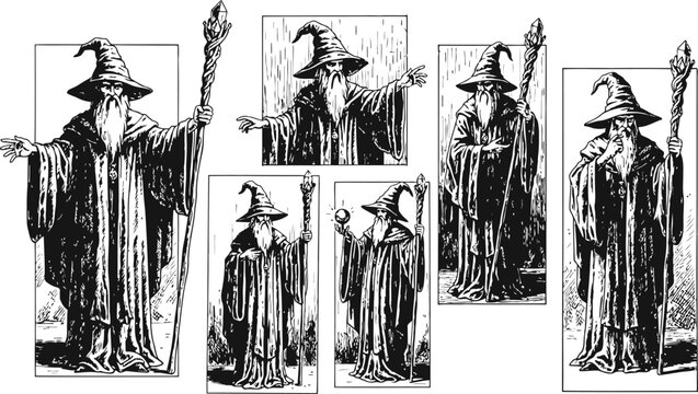 Mysterious wizards in classic black and white illustration style