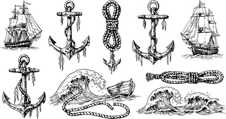Nautical elements including sailing ships anchors and ropes in a vintage hand drawn sketch style © Ishtiaq