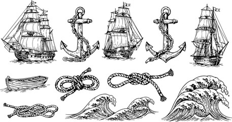Nautical elements with sailing ships anchors and ocean waves in a vintage sketch style © Ishtiaq