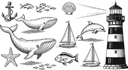 Nautical illustrations with whales dolphins sailboats lighthouse and marine life in vintage style © Ishtiaq