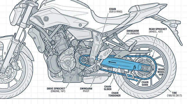 Motorcycle Drivetrain Schematic: Chain, Sprockets, and Swingarm Detail