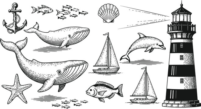 Nautical illustrations with whales dolphins sailboats lighthouse and marine life in vintage style