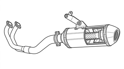 Obraz premium Motorcycle Exhaust System Schematic - Black and White Line Drawing
