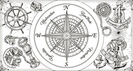 Nautical navigation symbols with a central compass rose in a detailed engraving style © Ishtiaq