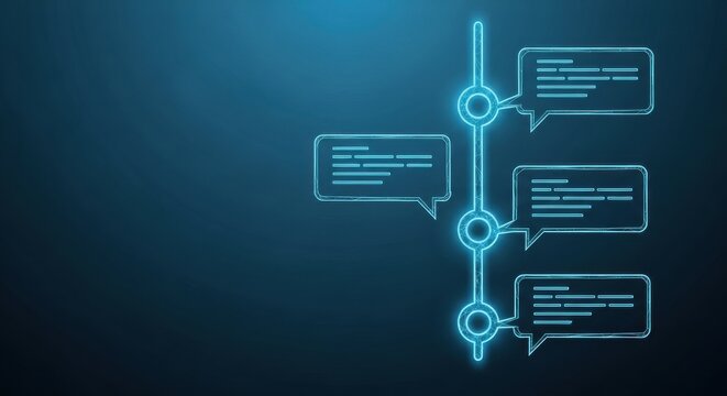 Digital timeline with connected chat bubbles and data points on a dark blue background
