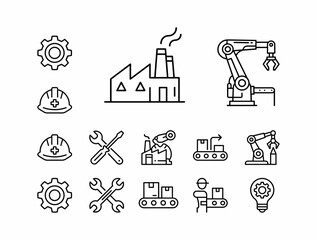 Fototapeta premium A collection of line icons representing various aspects of industry, manufacturing, and automation, including factories, robots, gears, and safety equipment.