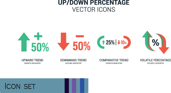 Print UpDown Percentage Vector Icons - Financial Growth Decline Comparative Trends and Volatile Market Indicator Infographics