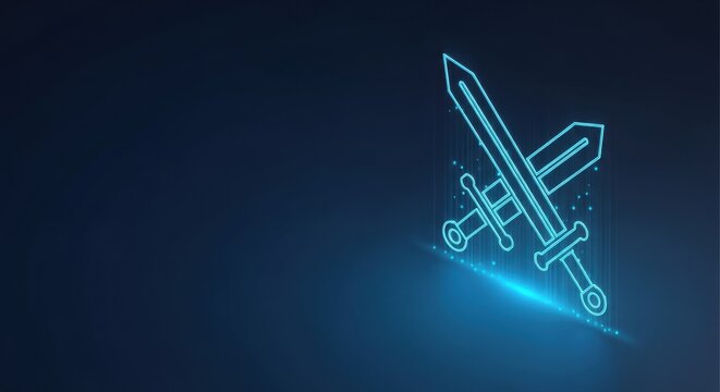 Two glowing neon swords crossed in digital combat against a dark futuristic background