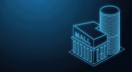 Fototapeta premium Isometric glowing neon outline of a commercial mall building with 'MALL' signage, representing retail and urban architecture in a digital blueprint style.