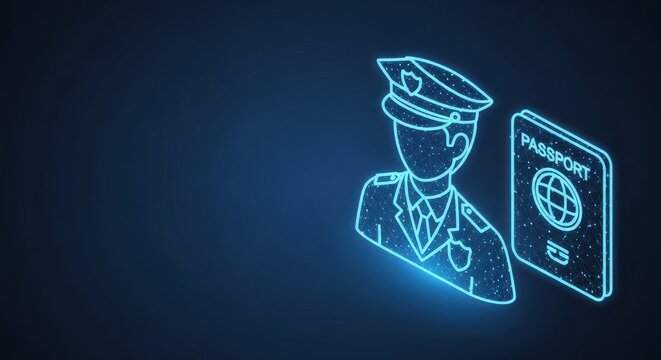 Glowing police officer illustration with badge and uniform, representing law enforcement and protection on a dark background