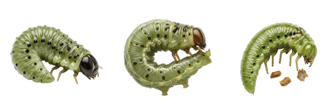 Sawfly larva leaf damaging pest showing biological anatomy, structural morphology, taxonomic classification traits, and agricultural crop damage parameters within a reference field.