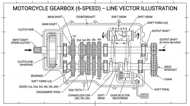 Motorcycle Gearbox 6-Speed Line Vector Illustration
