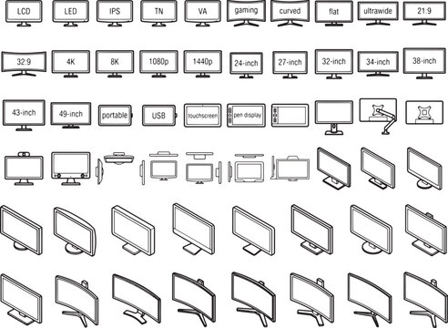 A collection of diverse computer monitor icons showcasing various types, sizes, and features, including flat, curved, ultra-wide, and gaming displays, rendered in a clean line art style.