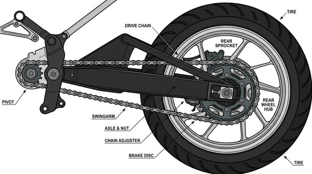 Motorcycle Rear Drive System Diagram: Chain, Sprocket, Wheel, Swingarm