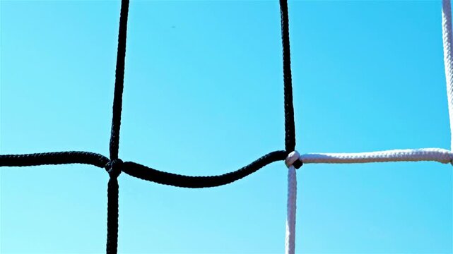 Soccer Stadium: Detail Shot of White Soccer Football Door Net Mesh with Goal Post Texture in 4K Ultra HD footage.
