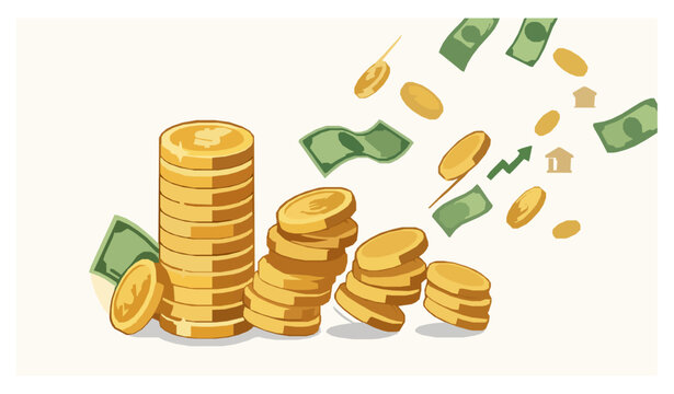 Modern gold coin stack and falling money business vector background