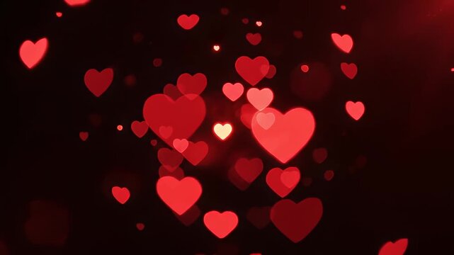 A romantic and abstract image features a multitude of blurred red hearts floating against a dark background, evoking feelings of love and affection.