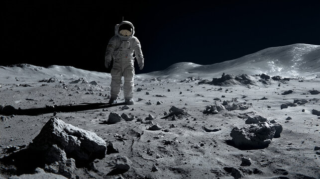 Astronaut on the Moon: An astronaut in a white suit walks on the barren, rocky surface of the moon under a dark starry sky, embodying the spirit of exploration and discovery.