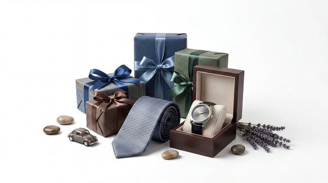 Elegant collection of men's gifts including wrapped boxes a sophisticated watch a blue tie accented with lavender on a white background presents celebration background isolated sophisticated