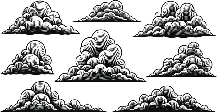 Ornate cloud bursts in vintage engraving style for decorative borders
