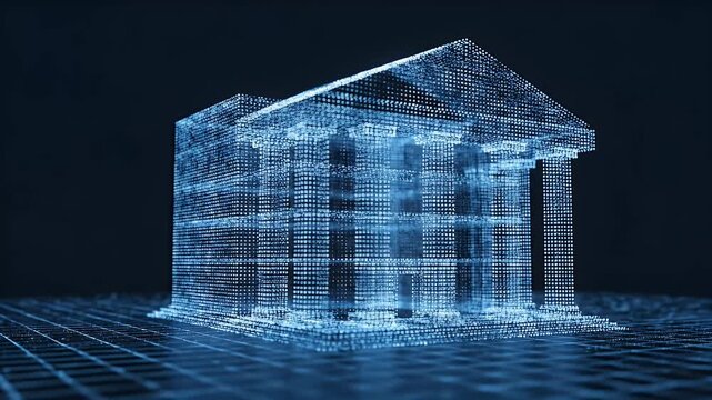 Futuristic digital building constructed from glowing blue code and light