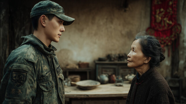 Soldier's Return: A young soldier in uniform shares a poignant moment with an elderly woman in a rustic, dimly lit interior, evoking a sense of homecoming and family reunion.