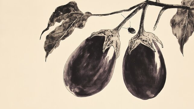 Monochromatic ink wash two eggplants hanging from vine light beige background larger long slender eggplant left textured calyx smaller rounder right bold brushstrokes small insect near larger stem