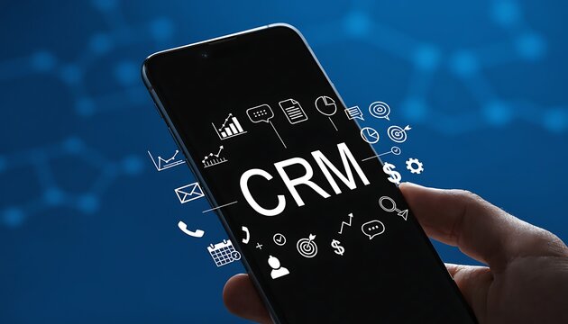 Close-up of a hand holding a smartphone with the word "crm" prominently displayed on the black screen, surrounded by various business and