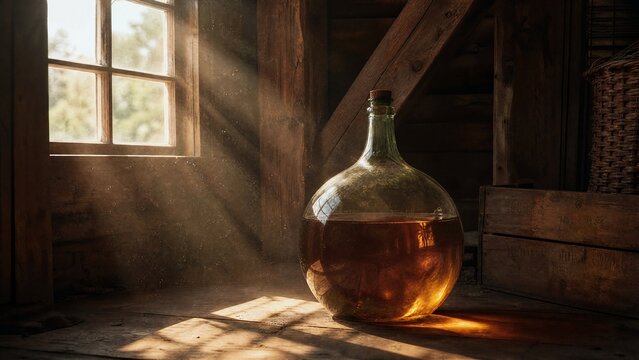 demijohn. Sunlight through a barn window illuminating a glass demijohn with amber liquid. bar promotions, beverage menus, designed for product packaging and bar promotions, used by brand managers.
