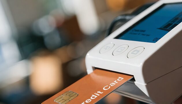 Close-up of a copper-colored credit card being inserted into a white point-of-sale terminal with a blue screen displaying information, shallow
